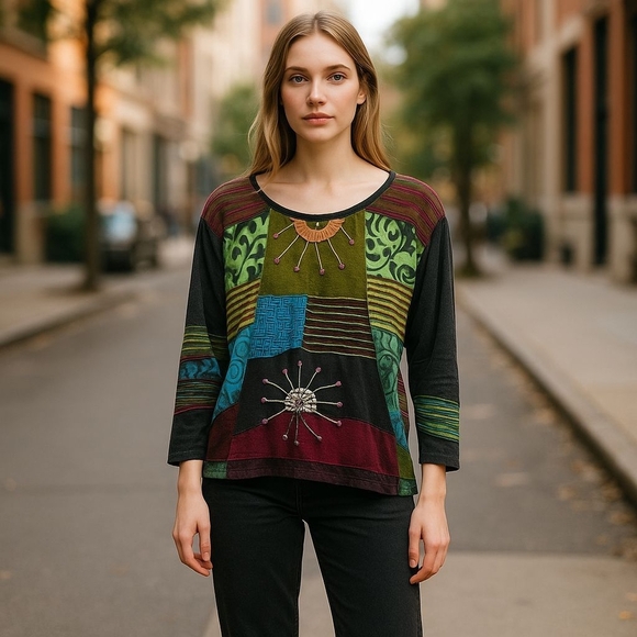 Rising International Artistic Patchwork Long Sleeve Top - Picture 1 of 9